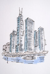 City sketch created with liner and markers. Color illustration for design