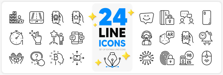 Icons set of Lock, Support and Augmented reality line icons pack for app with 5g internet, Scroll down, Timer thin outline icon. Favorite app, Smile chat, Time management pictogram. Vector