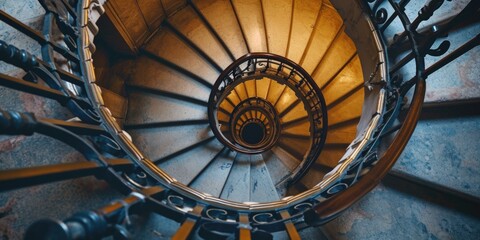 A spiral staircase with iron railings, suitable for architectural and interior design projects