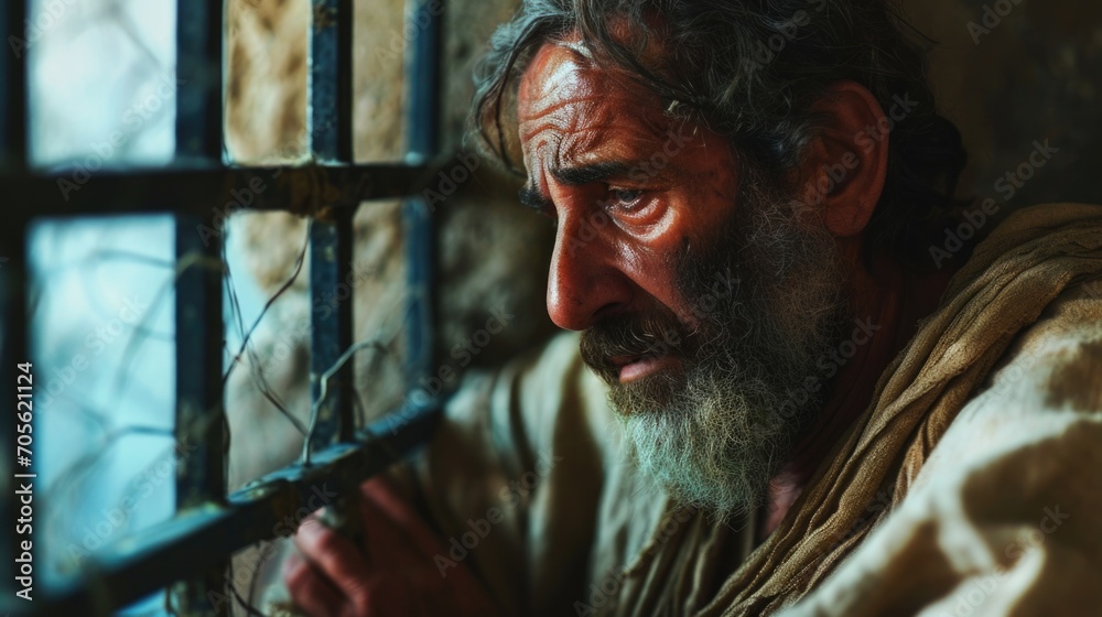 Aufkleber a man with a long beard is looking out of a window. this image can be used to depict curiosity, cont