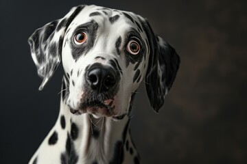 A close-up view of a Dalmatian dog's face. This image can be used for various purposes