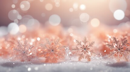 Obraz na płótnie Canvas A background of subdued peach color with snowflakes, color of the year, new year, Generative AI.