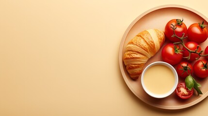 A breakfast platter with a tomato, egg, and croissant on a beige backdrop, Generative AI.