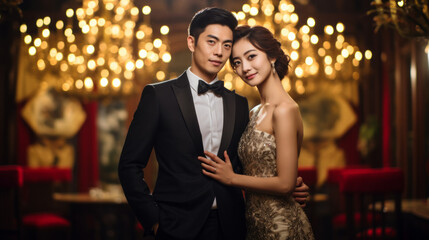 Chinese rich couple dressed in formal attire, men's black suit, woman's evening dress, standing at a fancy banquet venue in the evening - obrazy, fototapety, plakaty