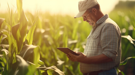 Modern caucasian farmer in a corn field using a digital tablet to review harvest and crop performance, ESG concept and application of technology in contemporary agriculture