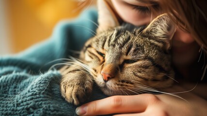 A person cuddling a content tabby cat in a cozy environment