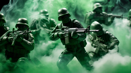 Epic battle scene with plastic green toy soldiers shooting with modern riffles surrounded by smoke , war concept image - obrazy, fototapety, plakaty