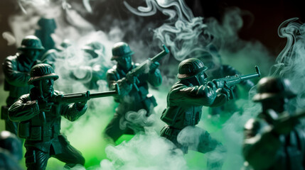 Epic battle scene with plastic green toy soldiers shooting with modern riffles surrounded by smoke , war concept image