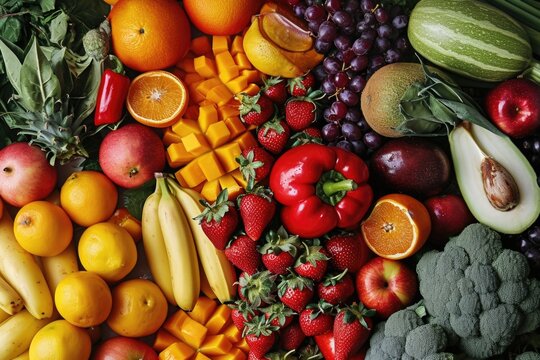 A diverse assortment of fresh fruits and vegetables arranged together. Ideal for promoting healthy eating habits and showcasing the vibrant colors of nature's bounty