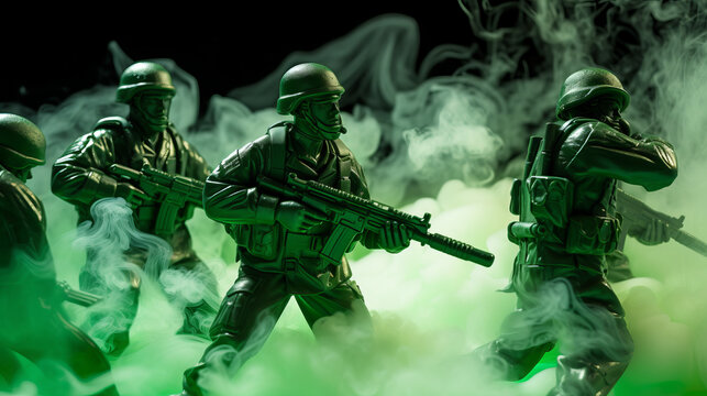 Epic battle scene with plastic green toy soldiers shooting with modern riffles surrounded by smoke , war concept image