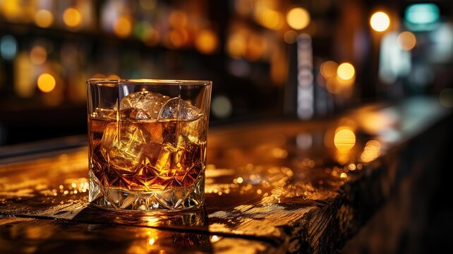 A whiskey on the rocks in a glass on a bar