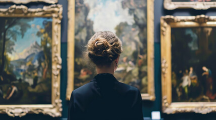 Back portrait of an adult woman looking at museum paintings in an old museum art gallery