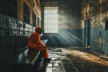Jailed man dressed in orange jumpsuit sit on a bench of a prison cell alone - obrazy, fototapety, plakaty