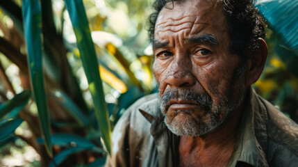 Close up portrait of a middle aged hispanic man, looking into camera with weary sad tearful eyes, in a jungle like garden filled with exotic plants in vibrant colors - obrazy, fototapety, plakaty
