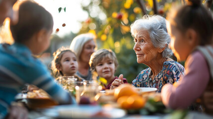 Obraz premium Happy Senior Grandmother Talking and Having Fun with Her Grandchildren, Outdoors Dinner with Food and Drinks. Adults at a Garden Party Together with Kids.