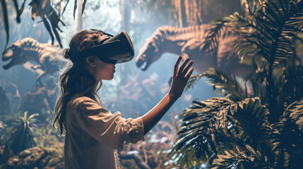 Young woman wearing a virtual reality headset using it to visualize a prehistoric world with real dinosaurs, game technology concept - obrazy, fototapety, plakaty