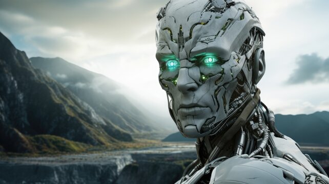 Futuristic robot with green eyes against a mountainous landscape, depicting advanced artificial intelligence and technology.