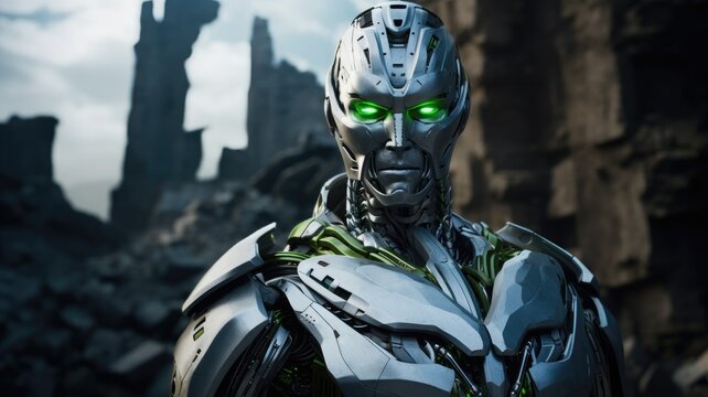 Futuristic robot with glowing green eyes and detailed metallic face structure against an urban backdrop.