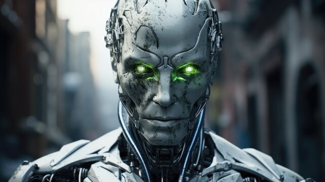 Futuristic robot with glowing green eyes and detailed metallic face structure against an urban backdrop.