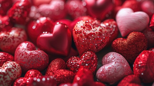 A close up view of a bunch of red hearts. This image can be used to symbolize love, romance, Valentine's Day, or any heartfelt emotions