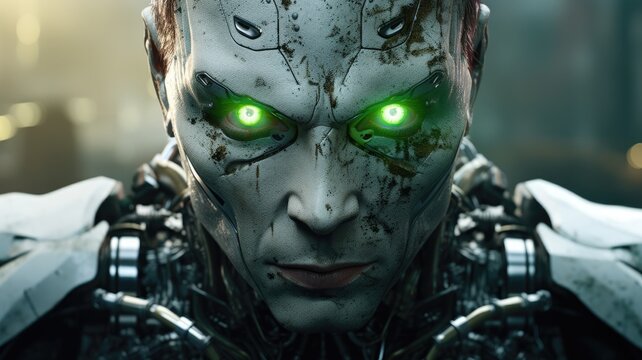 Futuristic robot with glowing green eyes and detailed metallic face structure against an urban backdrop.