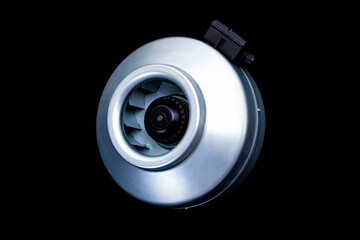 duct round electric fan close-up on a black isolated background