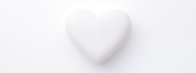 3D white Heart on a clean white background banner style with copy space. Horizontal banner. Ideal for valentine's day or other holidays. Minimal clean design. Love concept.