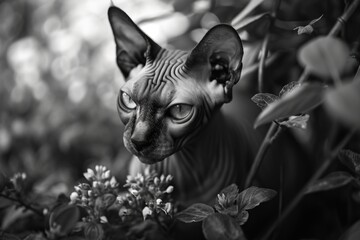 A black and white photo capturing the unique features of a Sphinx cat. Suitable for various uses