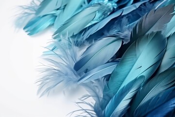 Beautiful blue feathers on white background. Generative AI