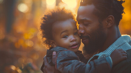Father and son hugging in the park at sunset. Happy family. - obrazy, fototapety, plakaty