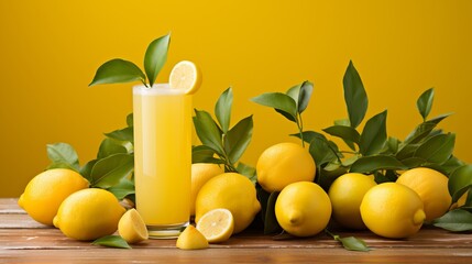 Tempting lemon juice in glass on wooden table with soft yellow background, ideal for text placement