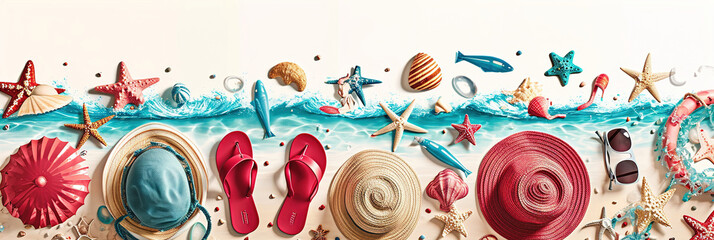 Horizontal border of  various beach items, accessories and toys scattered on a white background. Summer vacation concept.