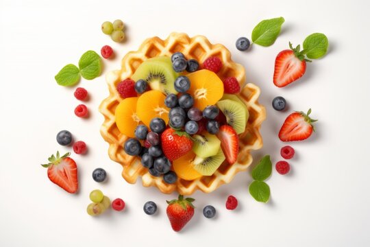 Belgian waffles with fruit on white background, top view. Generative AI