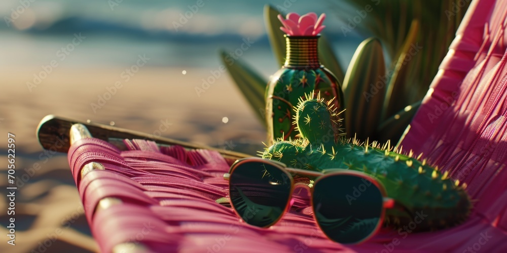 Aufkleber a pink chair with a cactus plant and sunglasses on it. perfect for adding a touch of color and perso