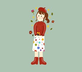 cute girl with flowers illustration icon
