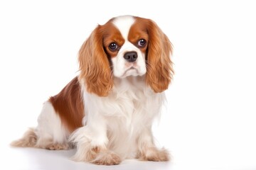 Cavalier King Charles Spaniel in front of a white background. Generative AI