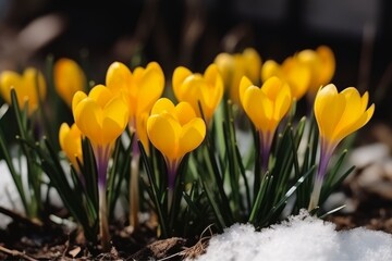 Crocuses yellow grow in the garden under the snow on a spring sunny day. Generative AI