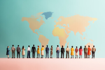 Human figures standing in front of world map, cute human puppet figures near world map, world multicultural and multi ethnic population wallpaper concept in a minimalist copy space background