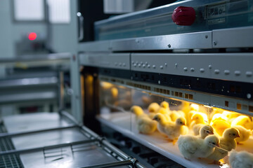 Newly hatched chicks in a high-tech incubator on a chicken farm.