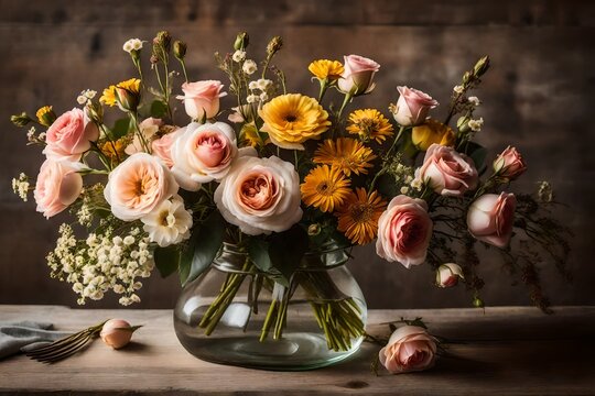 Craft a timeless image of a vintage-inspired floral bouquet, featuring delicate roses and wildflowers. 

