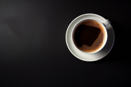 Coffee cup on black background. Top view with copy space. Generative AI