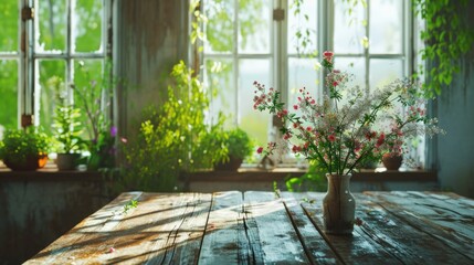 A vase of flowers sitting on top of a wooden table. This picture can be used to add a touch of nature and beauty to any space