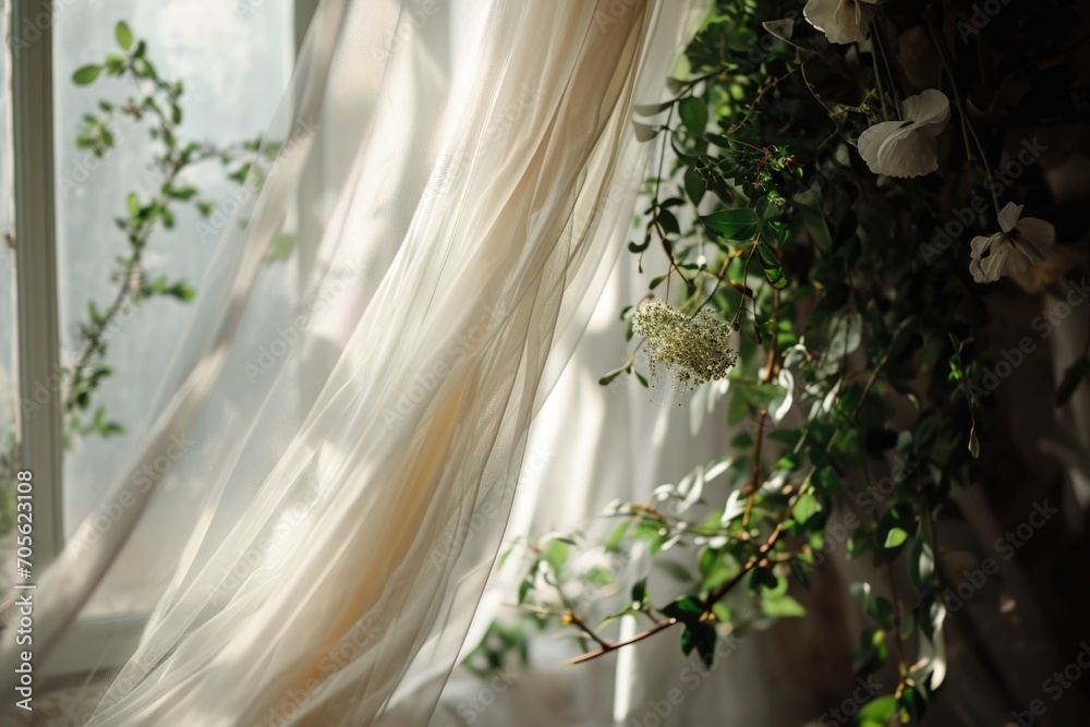 Poster A window adorned with sheer curtains and delicate flowers. Perfect for adding a touch of elegance and beauty to any space