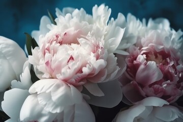 Fresh bunch of pink peonies peony roses flowers, white with blue effect shine. Generative AI