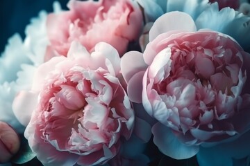 Fresh bunch of pink peonies peony roses flowers, white with blue effect shine. Generative AI