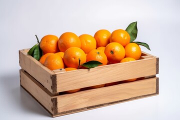 Fresh mandarins in wooden box isolated on white background. Generative AI