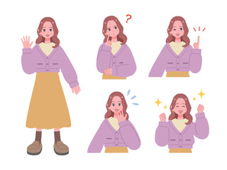 カジュアルな服装の女の子の表情セット