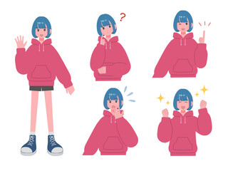 カジュアルな服装の女の子の表情セット