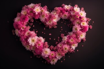 Heart shape made of pink flowers. Generative AI