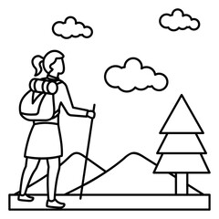backpackers or Girl Hiker Concept,  tramping or Trekking vector outline icon design, behavioral orientations symbol, Individual identity or Style of life Sign, Sustainable living stock illustration
